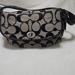 Coach Signature C Black Khaki Canvas Turn Lock Shoulder Bag